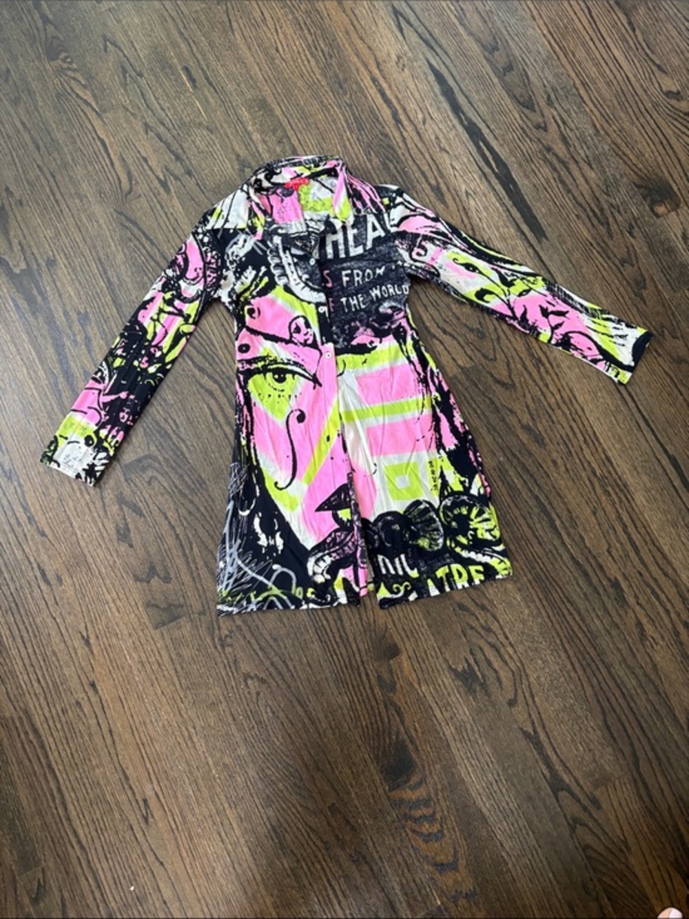Women's Long Graphic Button-Front shirt in Neon Pink & Black- by Noun